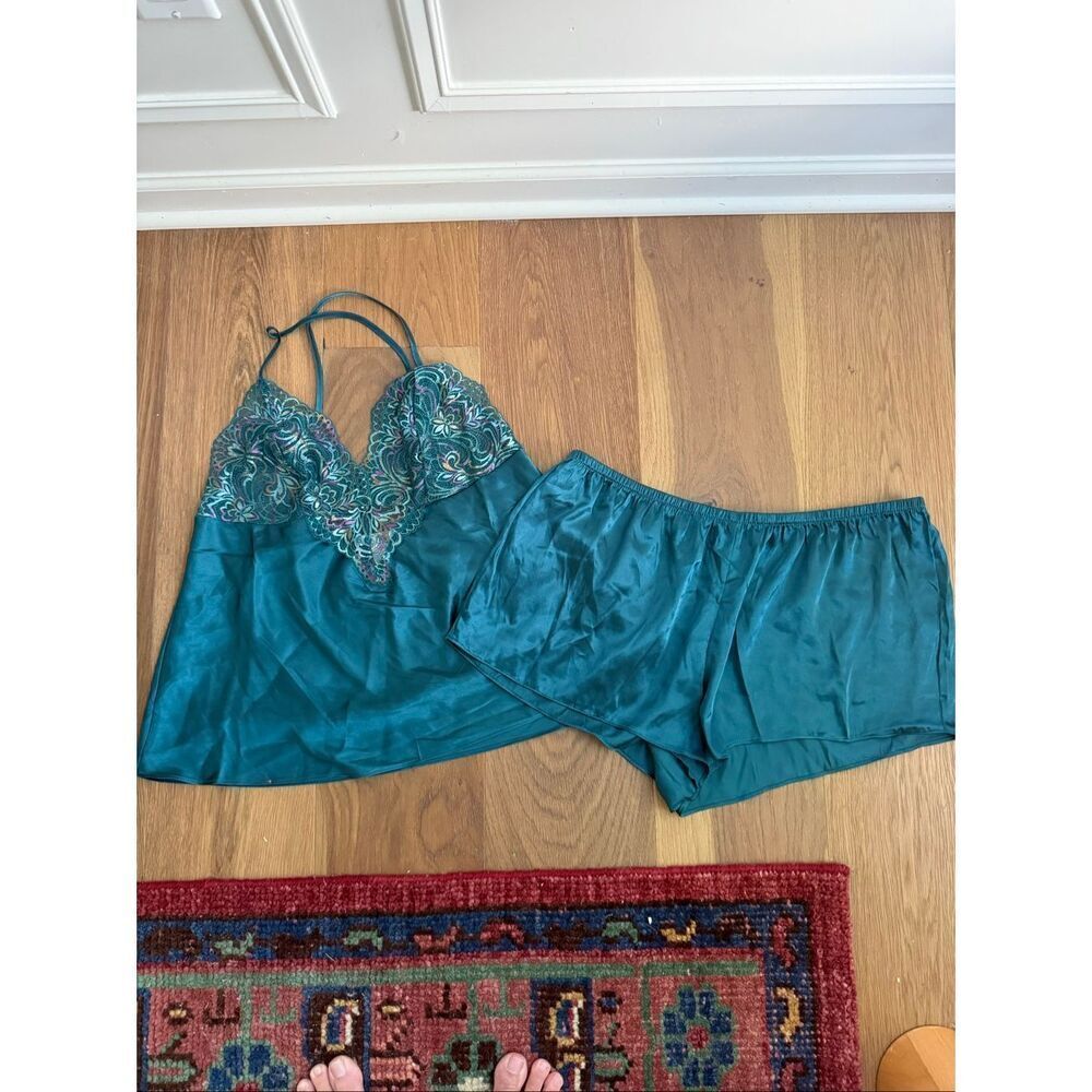 Linea Donatella Sleepwear Intimates Camisole Lace Shorts Teal Green XL